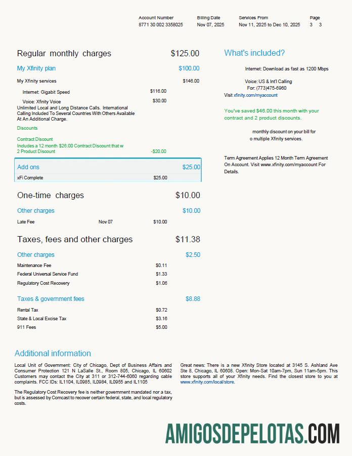 imprimível Modelo de fatura de serviços públicos Xfinity dos EUA em formatos Word e PDF, 3 páginas, versão 2, 3ª página